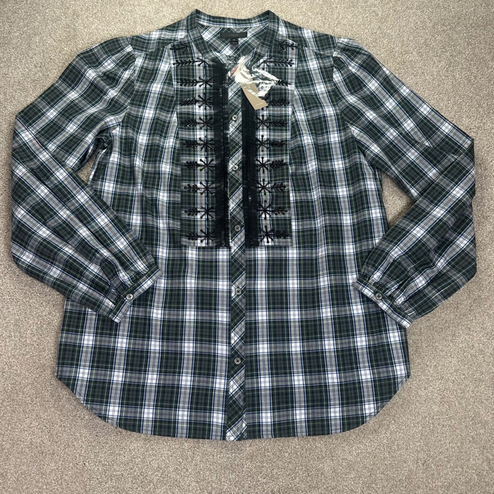 J. Crew Plaid Shirt Women's TS Embellished Snowflake Black Lace Sequins New Med